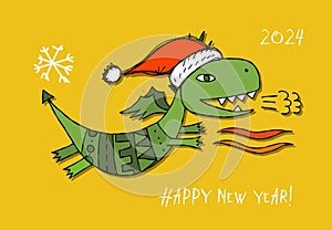 Greeting card design with funny Dragon character in Santa hat. Symbol of Chinese New Year 2024 for your design