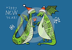 Greeting card design with funny Dragon characters in Santa hats. Symbol of Chinese New Year 2024 for your design