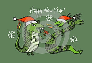 Greeting card design with funny Dragon characters in Santa hats. Symbol of Chinese New Year 2024 for your design