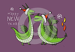 Greeting card design with funny Dragon characters in Santa hats. Symbol of Chinese New Year 2024 for your design