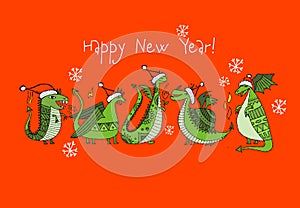 Greeting card design with funny Dragon characters in Santa hats. Symbol of Chinese New Year 2024 for your design