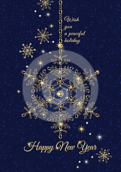 Greeting card design with hanging snowflake, text, stars.