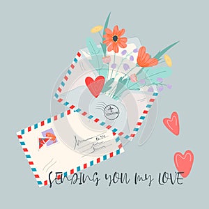 Greeting card design with love letter with flowers flat vector illustration