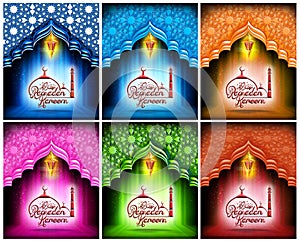 Greeting Card design of mosque and stylish text Ramadan Kareem in 3d.