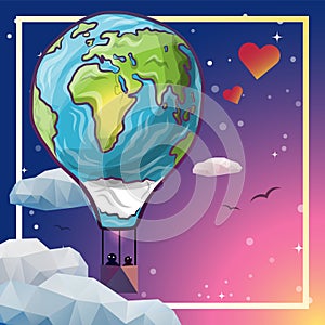 Greeting card design for Saint Valentines day and traveling, couple in air balloon shaped like a globe. Vector file
