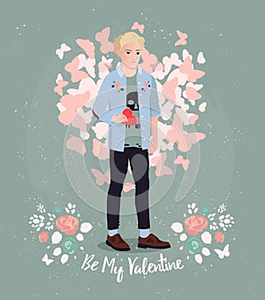 Greeting card design. Valentine vector print with hipster boy he is holding a love confession.