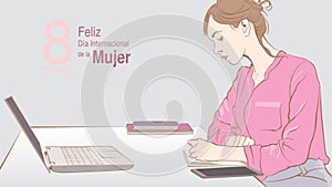 Greeting Card of DIA INTERNATIONAL DE LA MUJER - INTERNATIONAL WOMEN S DAY in Spanish language. Sketch of sitting female photo