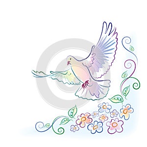 Greeting card with dove and flowers photo