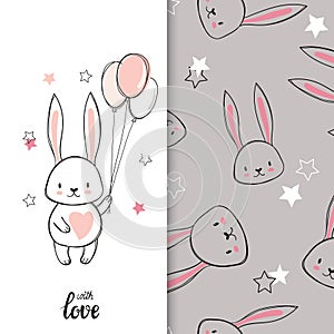 Greeting card with Easter bunny. Vector illustration of cute little rabbit