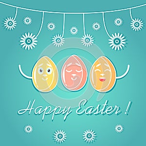A greeting card for Easter, with emotional bright colored Easter eggs, decorated with flowers, white lines.