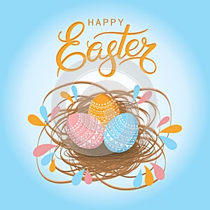 Greeting card for Easter. Hand drawn lettering text `Happy Easter` on blue background