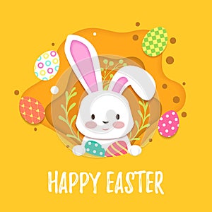 Greeting card with Easter rabbit flowers and colored eggs. Funny cute little bunny in flat paper style. Easter Bunny Egg
