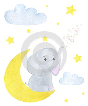 Greeting card elephant cute little watercolor moon clouds stars soap bubbles illustration animals