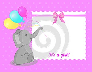 Greeting card with elephant for a girl on Baby Shower. White frame on pink background. Baby shower invitation card with grey eleph