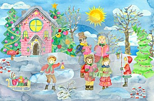 Greeting card with family choir singing Christmas carols, playing children on sledges and vintage house