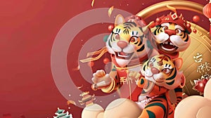 Greeting card featuring a Chinese tiger knocking a gong and another one joining him in celebrating. The Chinese word for