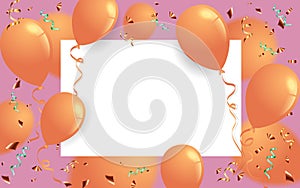 Greeting card. Festive template. Happy Birthday. Holiday. orange balloons on a pink background with Colored komfeti