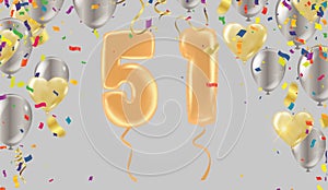 Greeting card for fifty one year Happy birthday number 51 in fun art style with party confetti. Anniversary invitation,