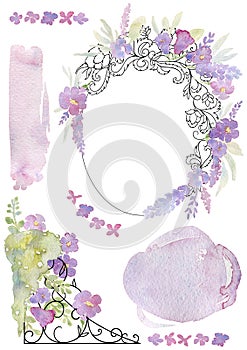 Greeting card with forged frame, flowers and watercolor splash. Vintage baroque ornament and romantic garden flowers. Design templ photo