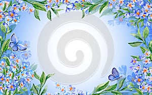 Greeting Card. Forget-me-not with Butterflies and blue blur background