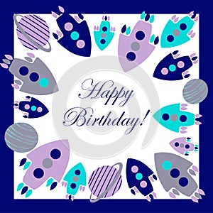 Greeting card with frame of colorful cute spaceships and planets on white background