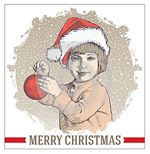 Greeting card, frame. Happy New Year Merry Christmas. Family. Child, boy. Santa, snow. Winter. Vintage vector illustration.