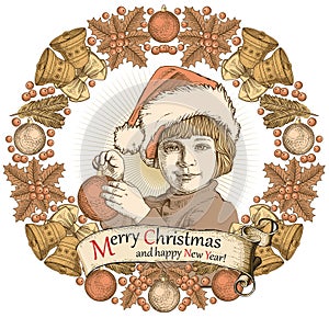 Greeting card, frame. Happy New Year Merry Christmas. Family. Child, boy. Santa, tree. Winter. Vintage vector illustration.