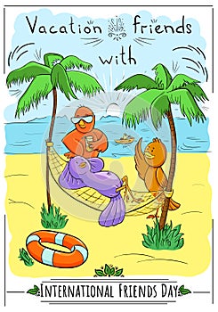 Greeting card friends day birds on tropical vacati