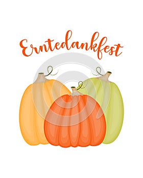 Greeting card with german text Erntedankfest, translation of Thanksgiving with pumpkins, illustration isolated on white