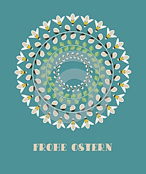 Greeting Card with German Text Frohe Ostern, in English Happy Easter. Willow Branches, Green Leaves and Bees