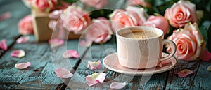 Greeting card, gift box, and coffee cup with pink roses for Mothers Day, on a wood plank background, top view. Flat