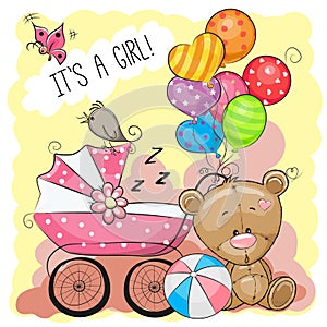 Greeting card it is a girl with baby carriage