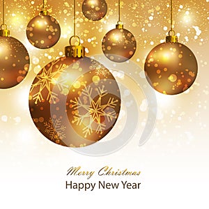 Greeting card with gold Christmas balls. Background with gold Christmas balls.