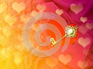 Greeting card gold key on heart valentine`s day love holiday con