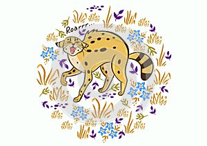 Greeting card with a growling serval. Vector graphics