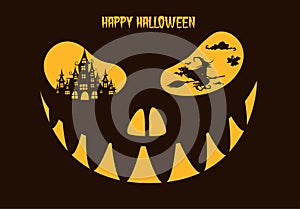 Greeting card Halloween night with Haunted House and witch in eyes pumpkins