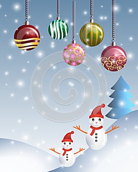 Greeting card of hanging christmast ball and pine with snowman