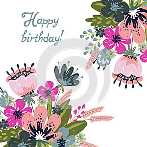 Greeting card Happy birthday. Hand drawng brush picture . Doodle Flowers and leaves arrangements solated on a white photo