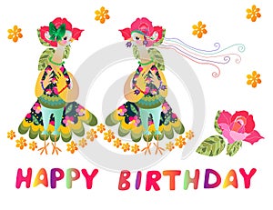 Greeting card Happy birthday with two cute cartoon birds-fashionistas. photo