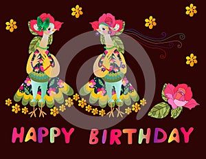 Greeting card Happy birthday with two cute cartoon birds-fashionistas. photo