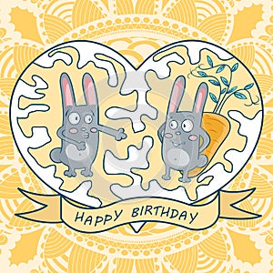 Greeting card happy birthday. two rabbits, carrots, heart