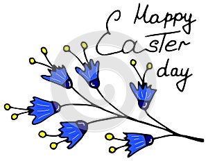 Greeting card for Happy Easter with beautiful blue flowers. Vector hand-drawn illustration and isolated on a white background