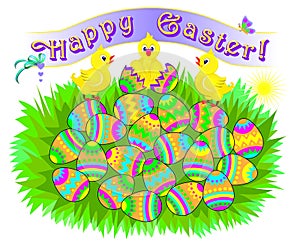 Greeting card with happy Easter day congratulations. Cute chick hatched from eggshell. Easter eggs hunting. Modern print