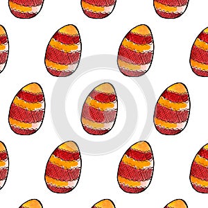 Greeting card Happy Easter. Easter egg on watercolor background. Easter sunday. Orange easter background pattern