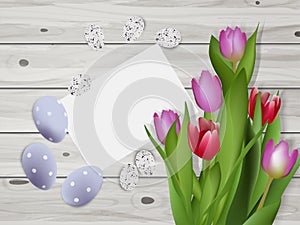 Greeting card Happy Easter with flowers and eggs