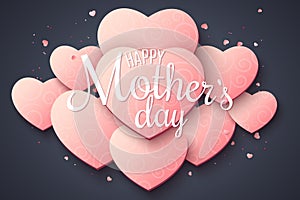 Greeting card on Happy Mother`s Day. Pimk hearts with pattern . Luxurious background. Calligraphic text. Romantic love compositio