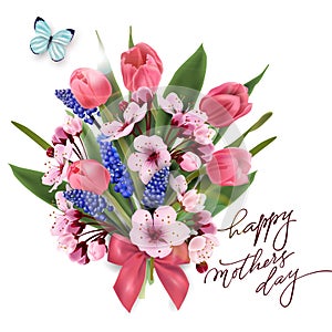 Greeting card happy Mothers day with a bouquet of pink