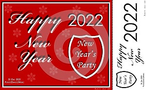 Greeting Card `Happy New Year 2022`.  Invitation card `New Year`s party`. Red design of a postcard / ticket. Minimalism