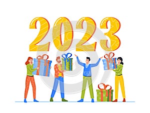 Greeting Card for Happy New Year Concept. Tiny People Exchange Gifts at Huge 2023 Numbers. Friends, Colleagues, Family
