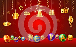 greeting card for happy new year,gold glossy ball with ribbon